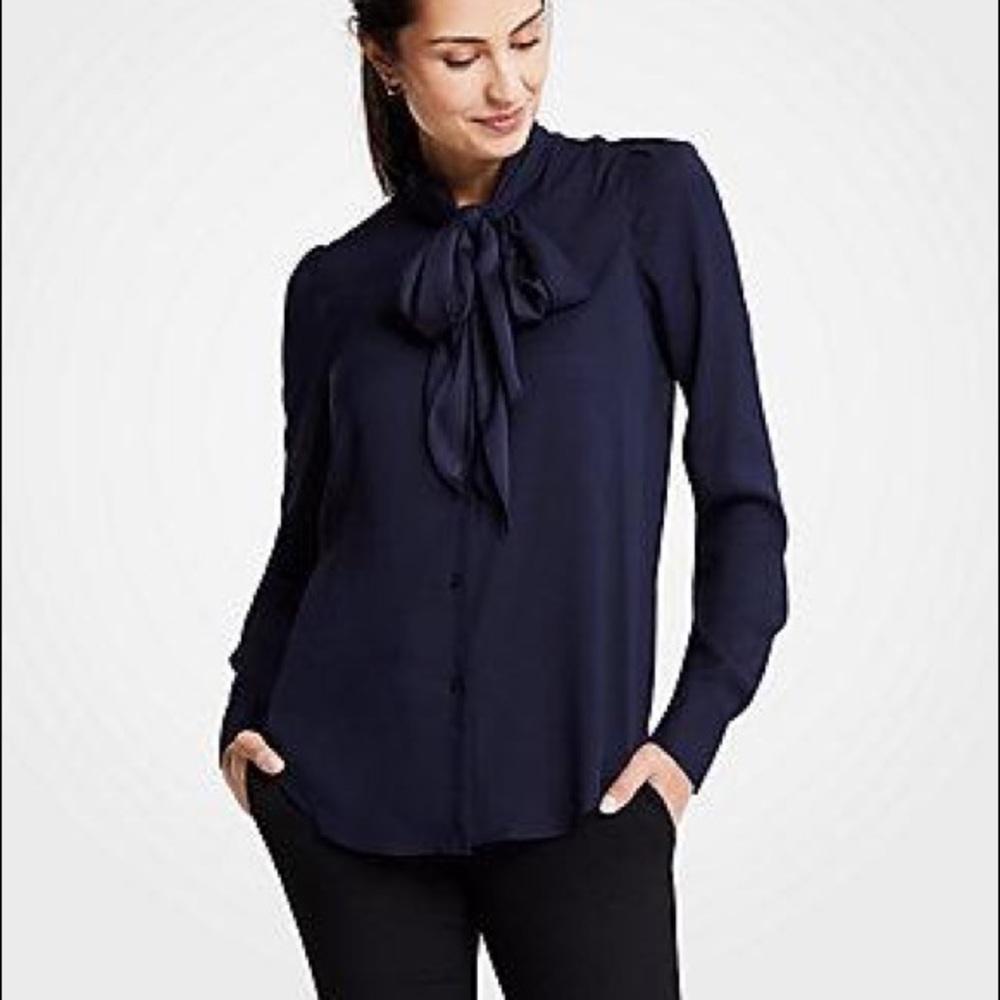 Ann Taylor Tie Neck Blouse- Navy